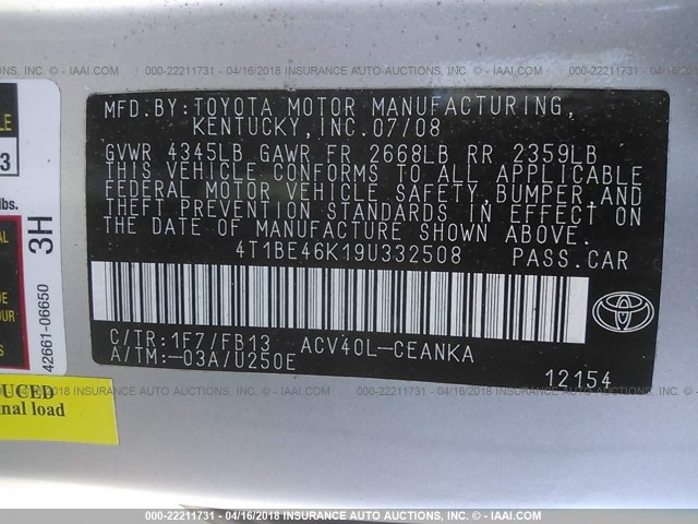 4T1BE46K19U332508 - 2009 TOYOTA CAMRY SE/LE/XLE SILVER photo 9