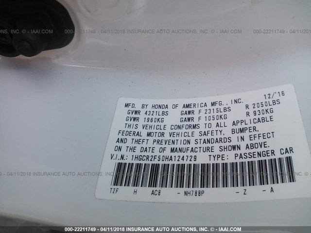 1HGCR2F50HA124729 - 2017 HONDA ACCORD SPORT 白色 照片 9