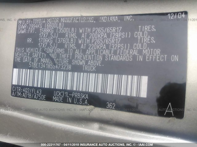 5TBET34185S473238 - 2005 TOYOTA TUNDRA DOUBLE CAB SR5 BEIGE photo 9