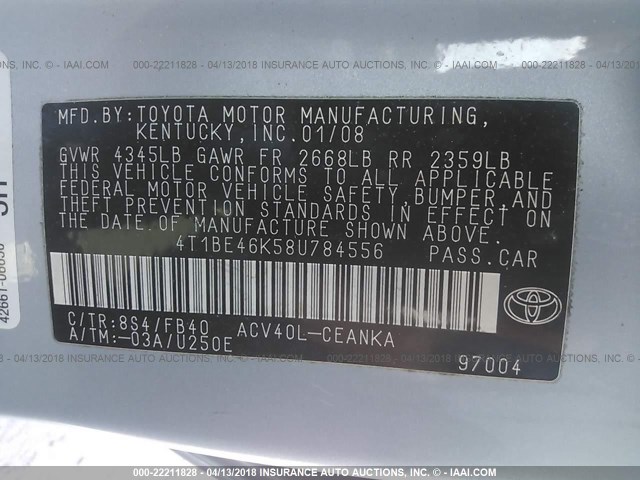 4T1BE46K58U784556 - 2008 TOYOTA CAMRY CE/LE/XLE/SE BLUE photo 9