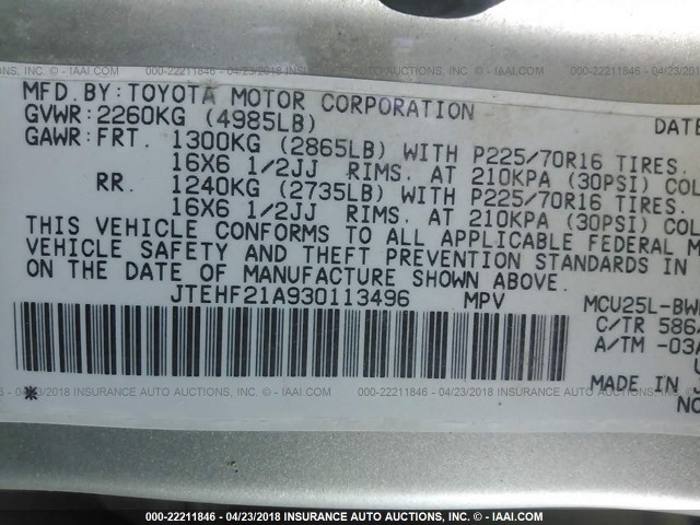 JTEHF21A930113496 - 2003 TOYOTA HIGHLANDER LIMITED Pewter photo 9
