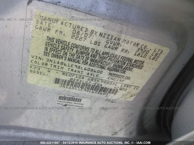 3N1AB61E98L608600 - 2008 NISSAN SENTRA 2.0/2.0S/2.0SL SILVER photo 9