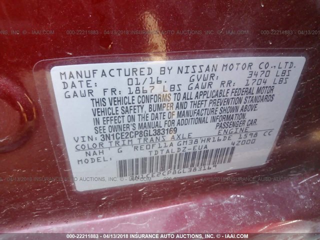 3N1CE2CP8GL383169 - 2016 NISSAN VERSA NOTE S/S PLUS/SV/SL/SR MAROON photo 9