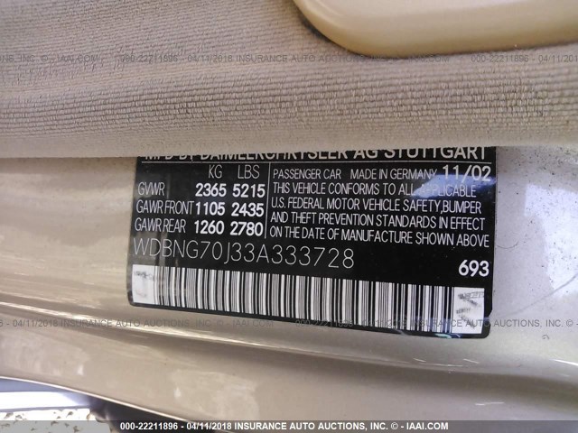 WDBNG70J33A333728 - 2003 MERCEDES-BENZ S 430 GOLD photo 9