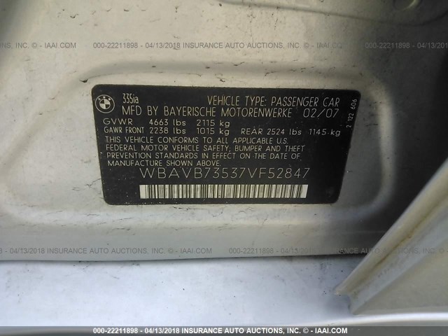 WBAVB73537VF52847 - 2007 BMW 335 I SILVER photo 9