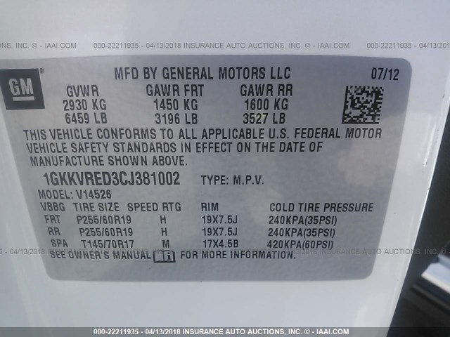 1GKKVRED3CJ381002 - 2012 GMC ACADIA SLT-1 Biały zdjęcie 9