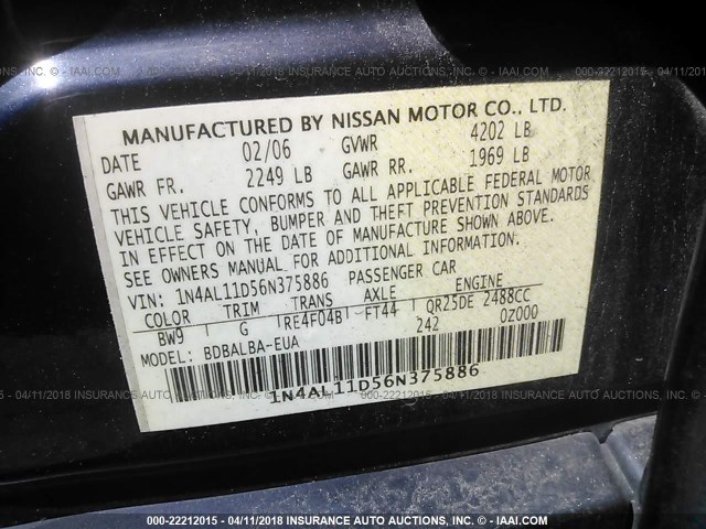 1N4AL11D56N375886 - 2006 NISSAN ALTIMA S/SL BLACK photo 9