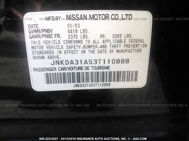 JNKDA31A53T110888 - 2003 INFINITI I35 BLACK photo 9