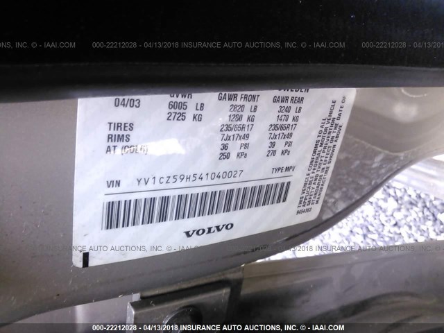 YV1CZ59H541040027 - 2004 VOLVO XC90 GOLD photo 9