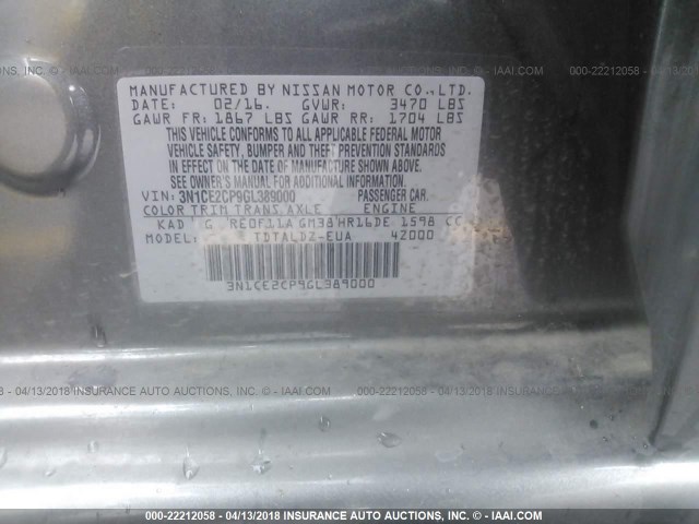 3N1CE2CP9GL389000 - 2016 NISSAN VERSA NOTE S/S PLUS/SV/SL/SR GRAY photo 9