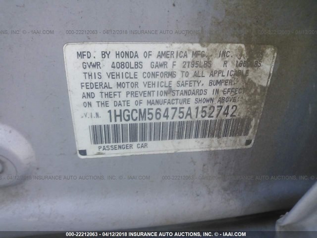 1HGCM56475A152742 - 2005 HONDA ACCORD LX SILVER photo 9