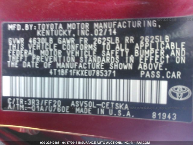 4T1BF1FKXEU785371 - 2014 TOYOTA CAMRY L/SE/LE/XLE RED photo 9