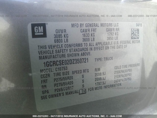 1GCRCSE02DZ350721 - 2013 CHEVROLET SILVERADO C1500 LT GRAY photo 9