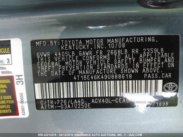 4T1BE46K49U888618 - 2009 TOYOTA CAMRY SE/LE/XLE GREEN photo 9