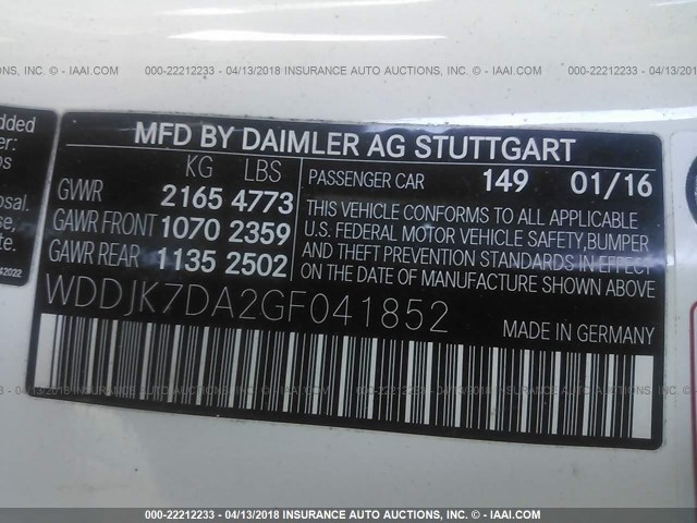 WDDJK7DA2GF041852 - 2016 MERCEDES-BENZ SL 550 WHITE photo 9