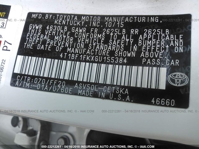 4T1BF1FKXGU155384 - 2016 TOYOTA CAMRY LE/XLE/SE/XSE WHITE photo 9