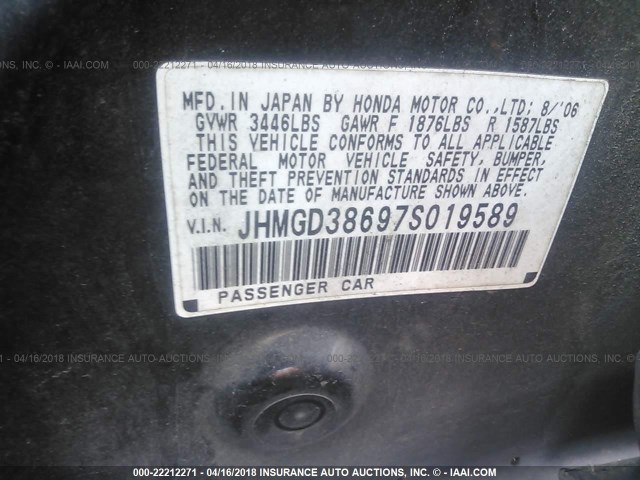 JHMGD38697S019589 - 2007 HONDA FIT S BLACK photo 9