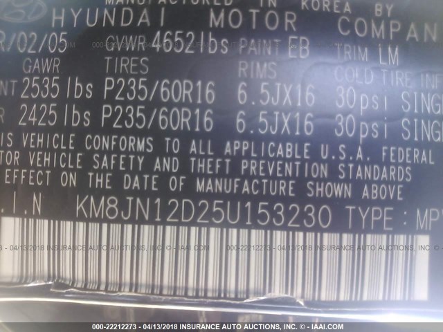 KM8JN12D25U153230 - 2005 HYUNDAI TUCSON GLS/LX BLACK photo 9