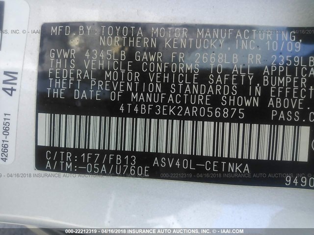 4T4BF3EK2AR056875 - 2010 TOYOTA CAMRY SE/LE/XLE SILVER photo 9