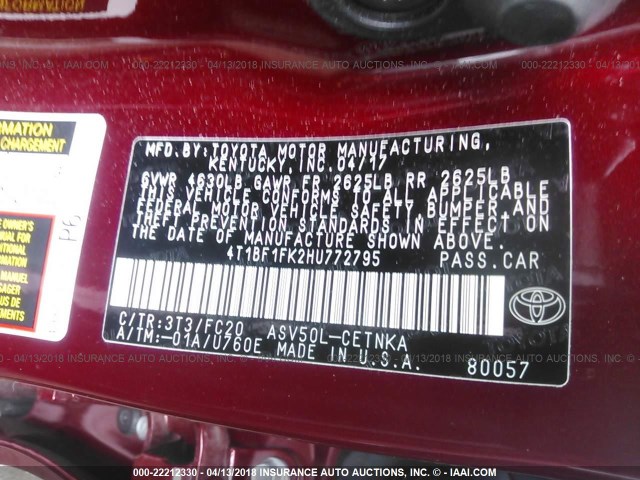 4T1BF1FK2HU772795 - 2017 TOYOTA CAMRY LE/XLE/SE/XSE RED photo 9
