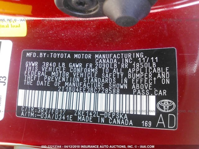2T1BU4EE3BC728588 - 2011 TOYOTA COROLLA S/LE RED photo 9