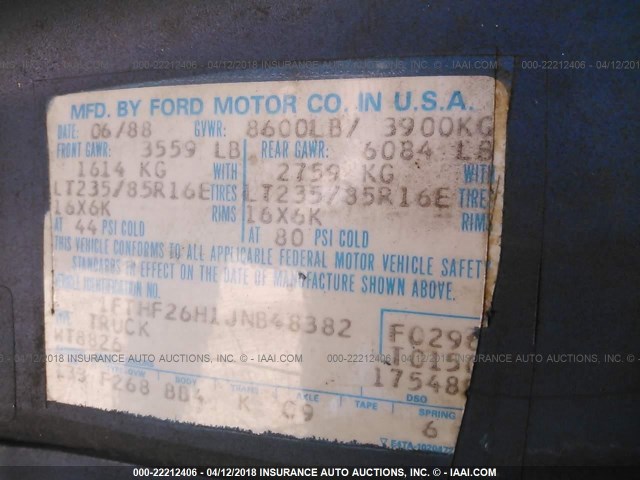 1FTHF26H1JNB48382 - 1988 FORD F250 BLUE photo 9