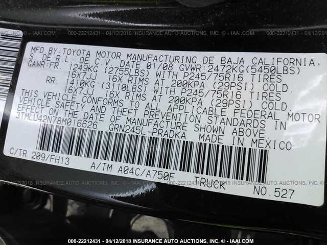 3TMLU42N78M016626 - 2008 TOYOTA TACOMA DOUBLE CAB შავი ფოტო 9