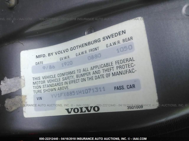 YV1FX8851H1071311 - 1987 VOLVO 740 GLE SILVER photo 9