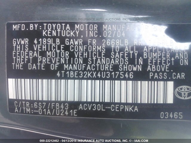 4T1BE32KX4U317546 - 2004 TOYOTA CAMRY LE/XLE/SE 绿色 照片 9