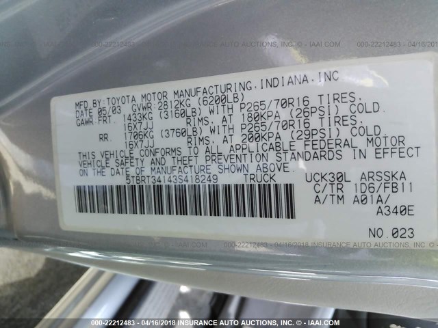 5TBRT34143S418249 - 2003 TOYOTA TUNDRA ACCESS CAB SR5 SILVER photo 9