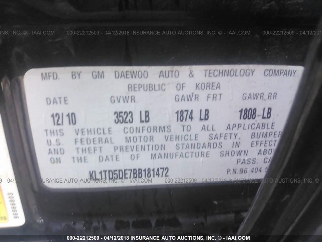 KL1TD5DE7BB181472 - 2011 CHEVROLET AVEO LS/LT 黑色 照片 9