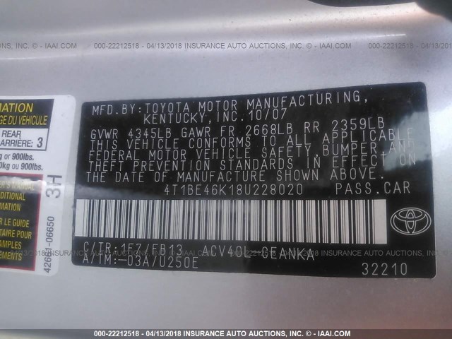 4T1BE46K18U228020 - 2008 TOYOTA CAMRY CE/LE/XLE/SE SILVER photo 9