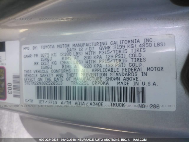 5TETX22N38Z528513 - 2008 TOYOTA TACOMA ACCESS CAB Silber Foto 9