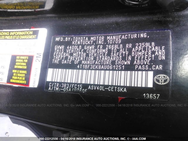 4T1BF3EK8AU061251 - 2010 TOYOTA CAMRY SE/LE/XLE Қара фото 9