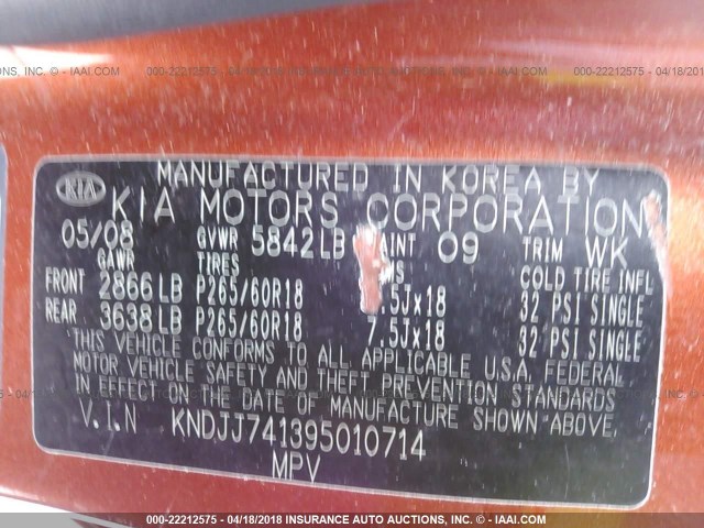 KNDJJ741395010714 - 2009 KIA BORREGO LX/EX ORANGE photo 9