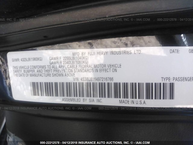 4S3BL616497216766 - 2009 SUBARU LEGACY 2.5I BLACK photo 9