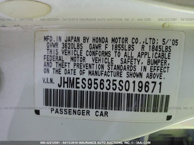 JHMES95635S019671 - 2005 HONDA CIVIC HYBRID WHITE photo 9