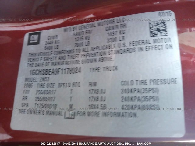 1GCHSBEA9F1178924 - 2015 CHEVROLET COLORADO LT RED photo 9