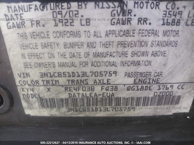 3N1CB51D13L705759 - 2003 NISSAN SENTRA XE/GXE BLACK photo 9