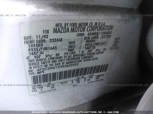 4F2CZ06153KM22535 - 2003 MAZDA TRIBUTE ES 白色 照片 9