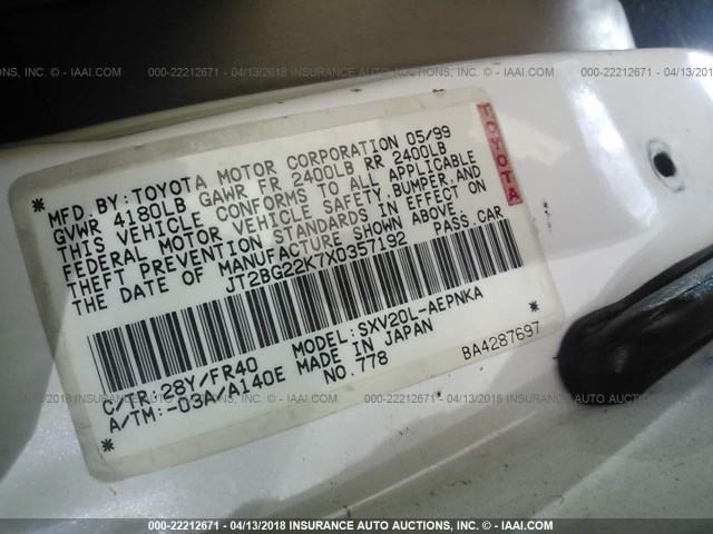 JT2BG22K7X0357192 - 1999 TOYOTA CAMRY LE/XLE WHITE photo 9