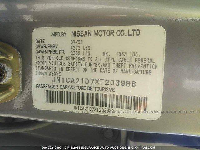 JN1CA21D7XT203986 - 1999 NISSAN MAXIMA GLE/GXE/SE GRAY photo 9