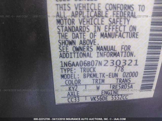 1N6AA06B07N230321 - 2007 NISSAN TITAN XE/SE/LE GRAY photo 9