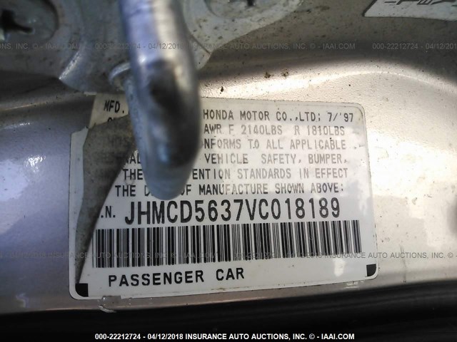 JHMCD5637VC018189 - 1997 HONDA ACCORD LX/EX SILVER photo 9