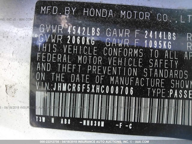 JHMCR6F5XHC008706 - 2017 HONDA ACCORD HYBRID/EXL SILVER photo 9