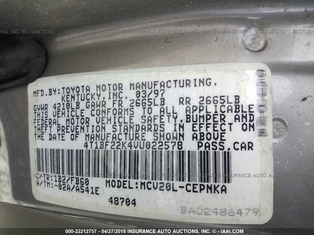 4T1BF22K4VU022578 - 1997 TOYOTA CAMRY CE/LE/XLE 棕色 照片 9