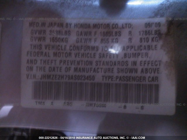 JHMZE2H79AS023450 - 2010 HONDA INSIGHT EX SILVER photo 9