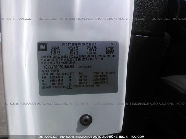 1GKKVRED6CJ184681 - 2012 GMC ACADIA SLT-1 WHITE photo 9