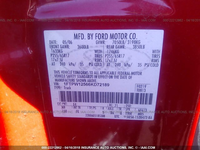 1FTPW12566KD72189 - 2006 FORD F150 SUPERCREW RED photo 9