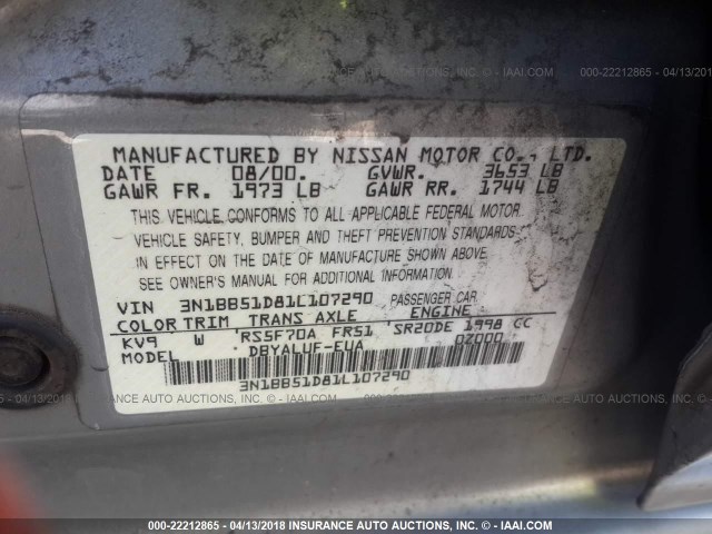 3N1BB51D81L107290 - 2001 NISSAN SENTRA SE BEIGE photo 9